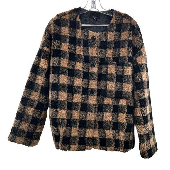 Lumiere Womens Checkered Coat Button Up Long Sleeve Tan/Black Sz Medium Pockets - Picture 1 of 9